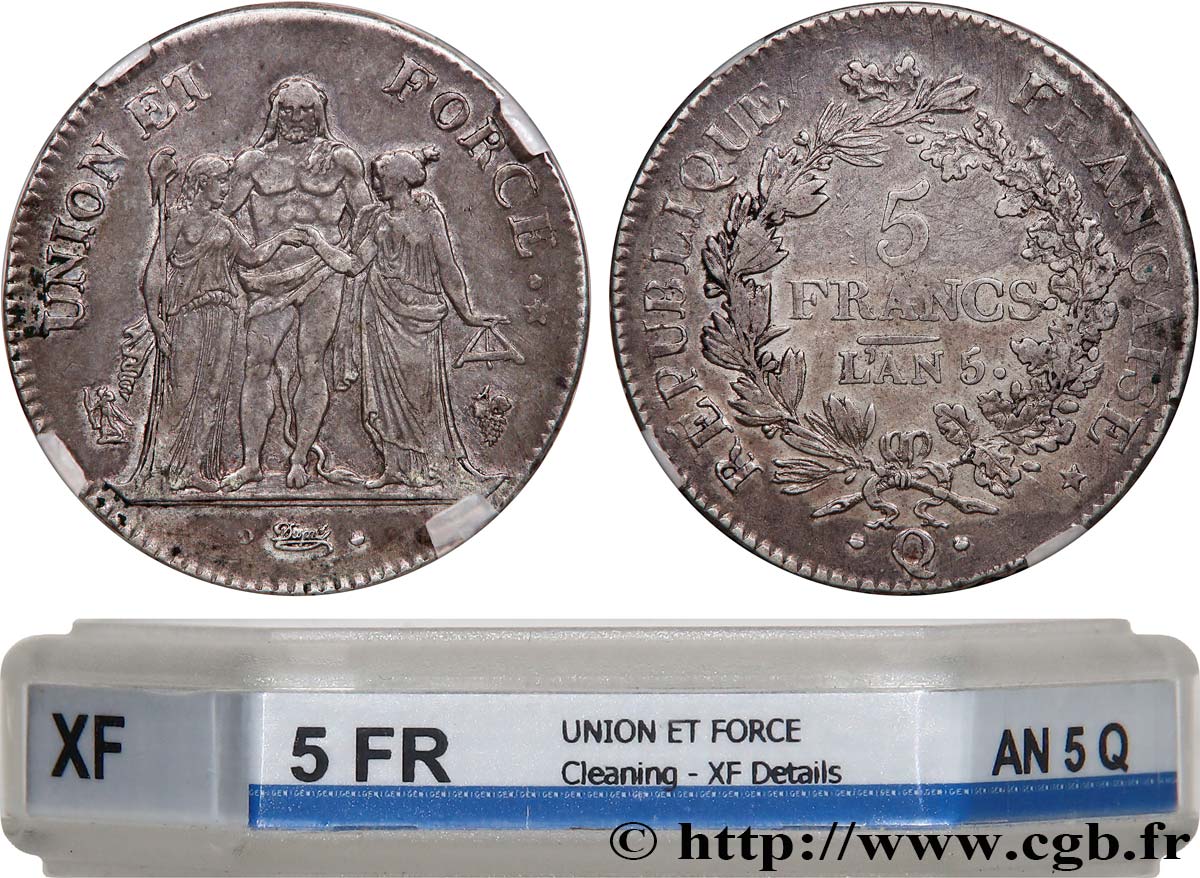 5 francs Union et Force, Union serré, seulement gland extérieur 1797 Perpignan F.288/26 TTB GENI