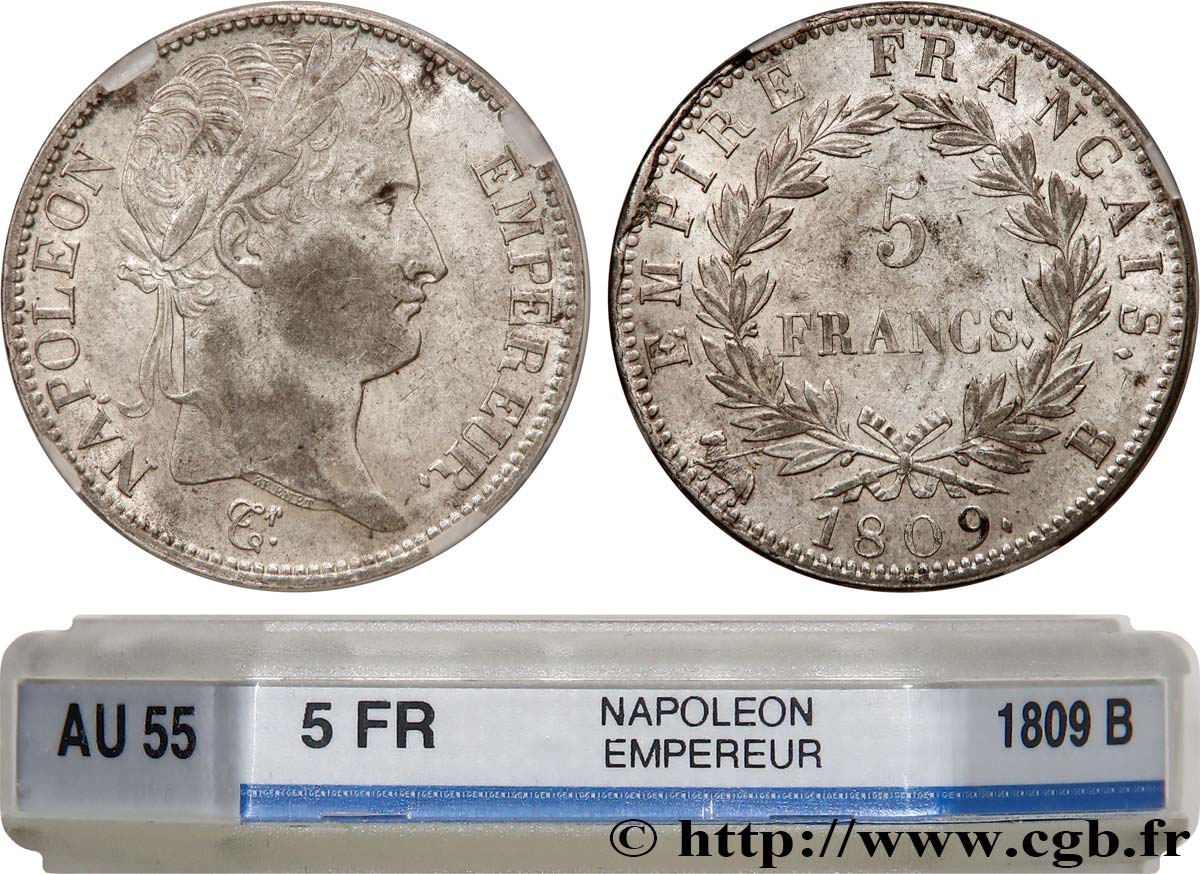 5 francs Napoléon Empereur, Empire français 1809 Rouen F.307/2 AU55 GENI