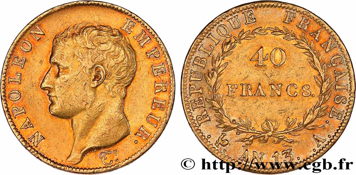 40 francs or Napoléon tête nue, Calendrier révolutionnaire 1805 Paris F.537/1 MBC+ 