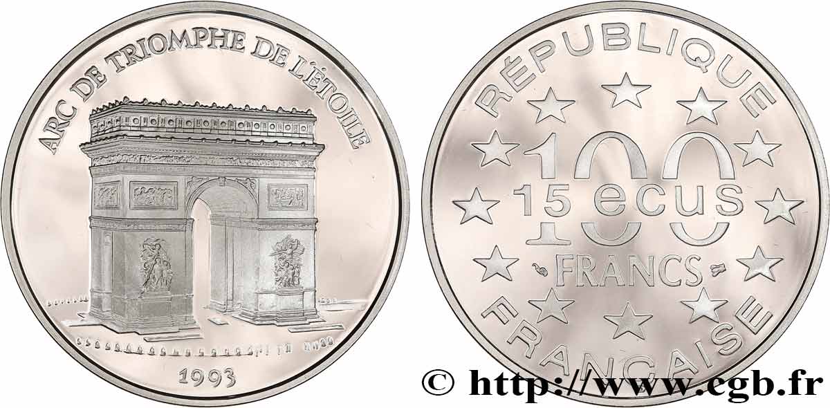 Belle Epreuve 15 écus / 100 francs - Arc de Triomphe (Paris) - Différent Abeille 1993  F.2005 2 MS 