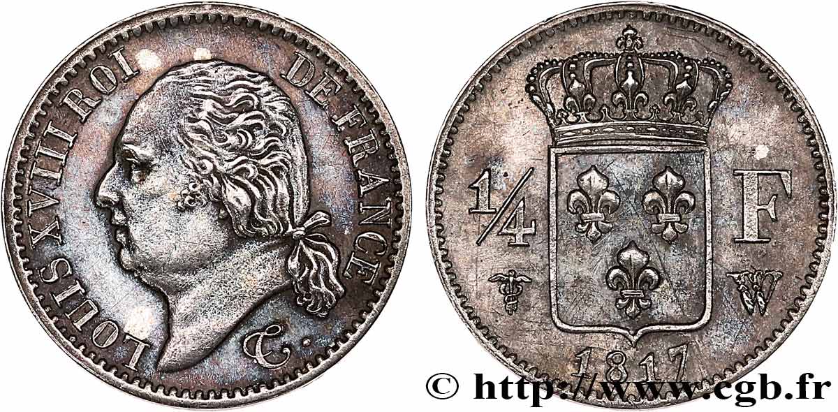 1/4 franc Louis XVIII 1817 Lille F.163/11 AU 