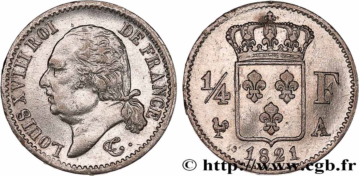 1/4 franc Louis XVIII 1821 Paris F.163/20 TTB 
