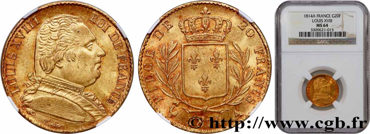 20 francs or Louis XVIII, buste habillé 1814 Paris F.517/2 MS64 NGC
