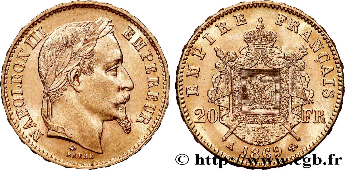 20 francs or Napoléon III, tête laurée 1869 Paris F.532/20 SC 