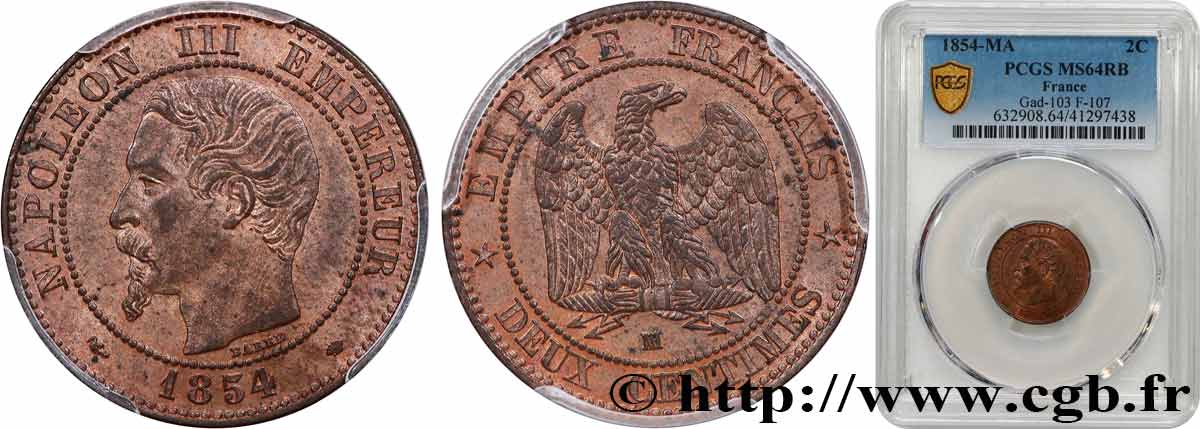 Deux centimes Napoléon III, tête nue 1854 Marseille F.107/17 MS64 PCGS