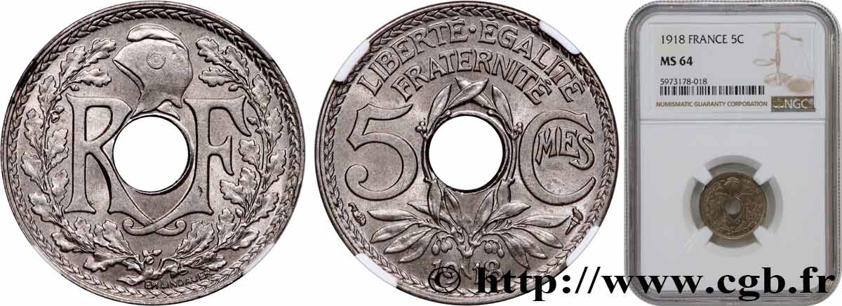 5 centimes Lindauer, grand module 1918 Paris F.121/2 SC64 NGC