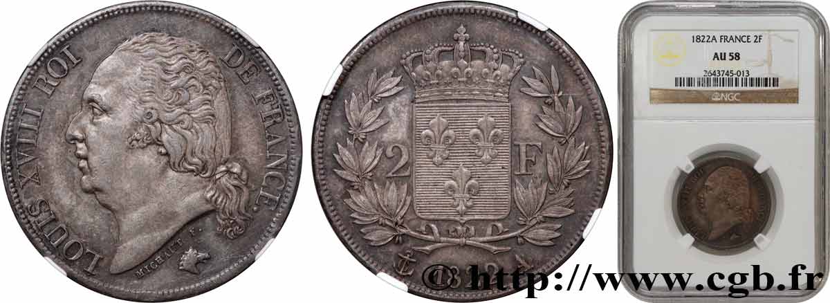 2 francs Louis XVIII 1822 Paris F.257/36 AU58 NGC
