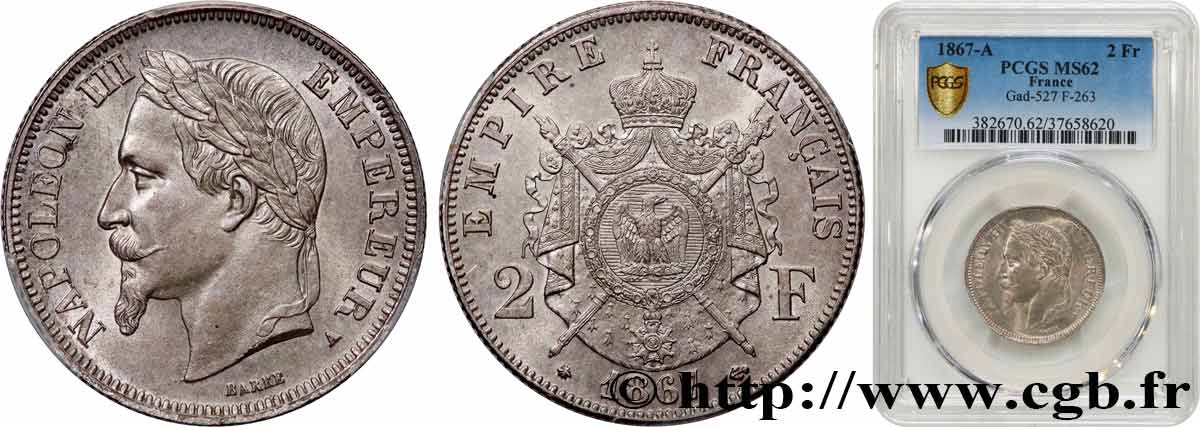 2 francs Napoléon III, tête laurée  1867 Paris F.263/5 EBC62 PCGS