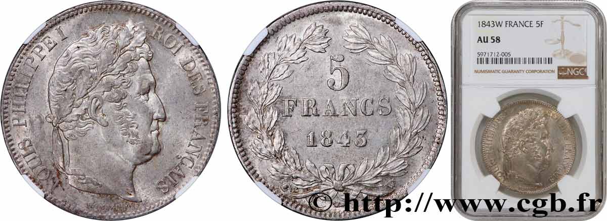 5 francs IIe type Domard 1843 Lille F.324/104 AU58 NGC