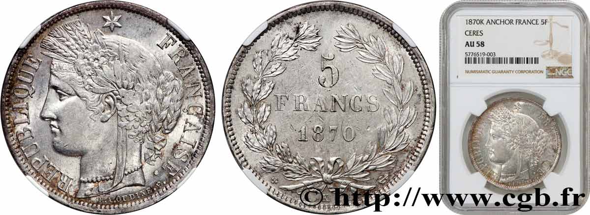 5 francs Cérès, sans légende 1870 Bordeaux F.332/2 SUP58 NGC