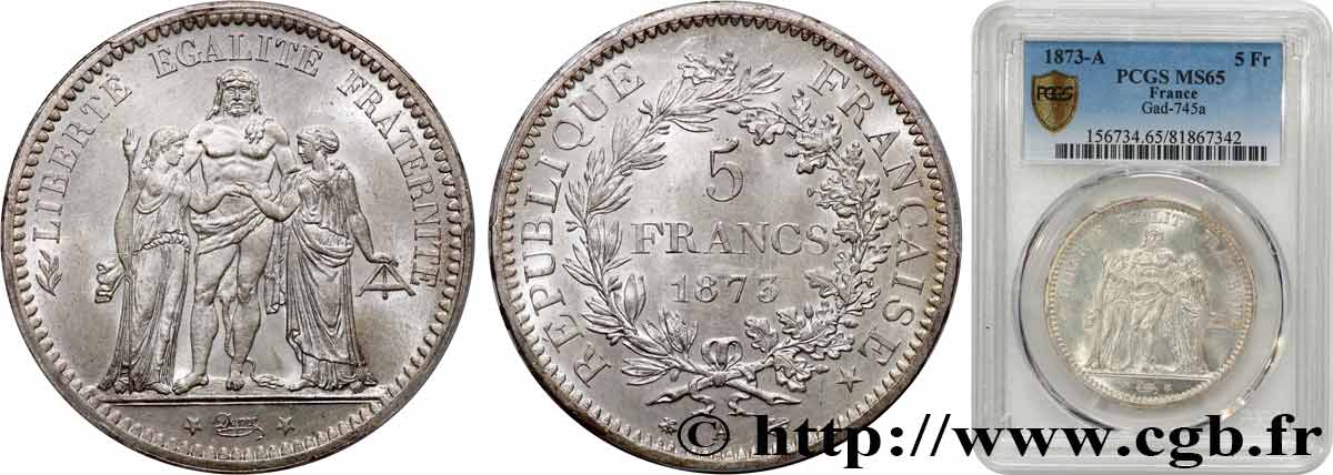 5 francs Hercule 1873 Paris F.334/9 FDC65 PCGS