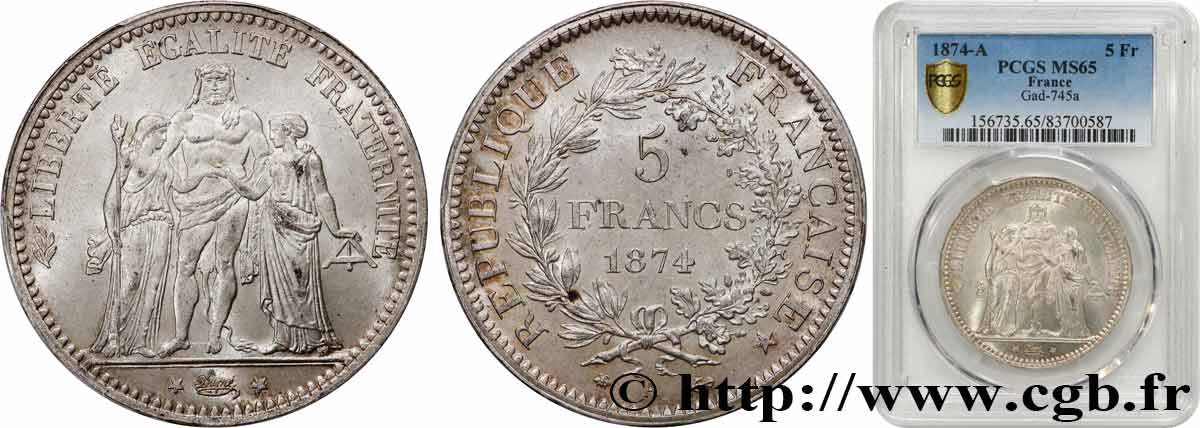 5 francs Hercule 1874 Paris F.334/12 ST65 PCGS