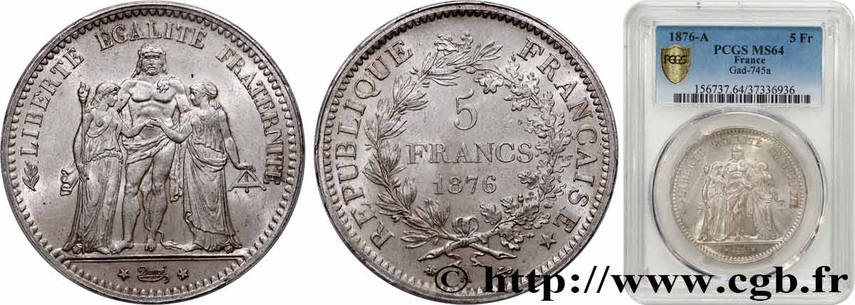 5 francs Hercule 1876 Paris F.334/17 MS64 PCGS