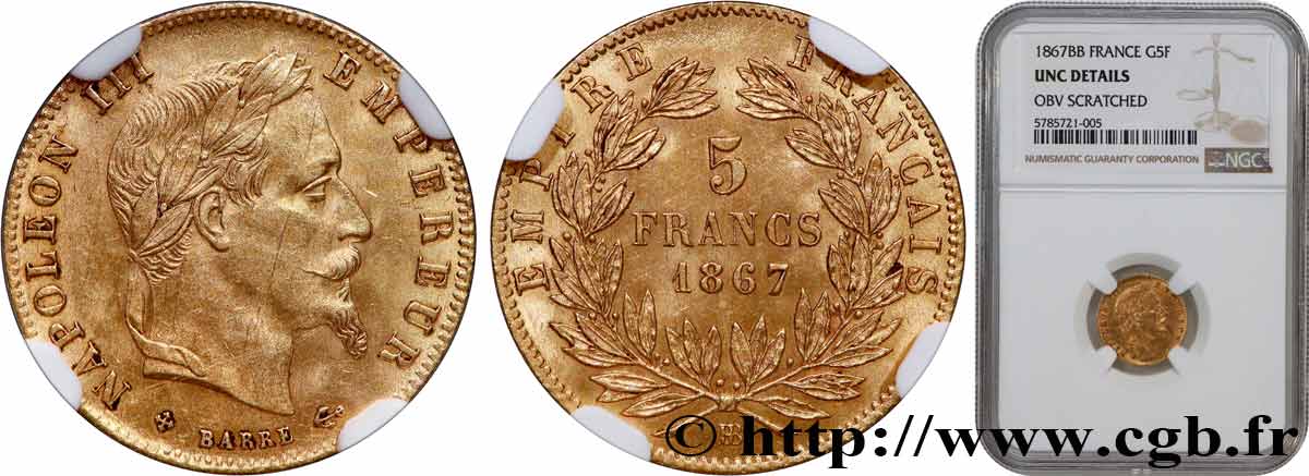 5 francs or Napoléon III, tête laurée 1867 Strasbourg F.502/12 VZ+ NGC