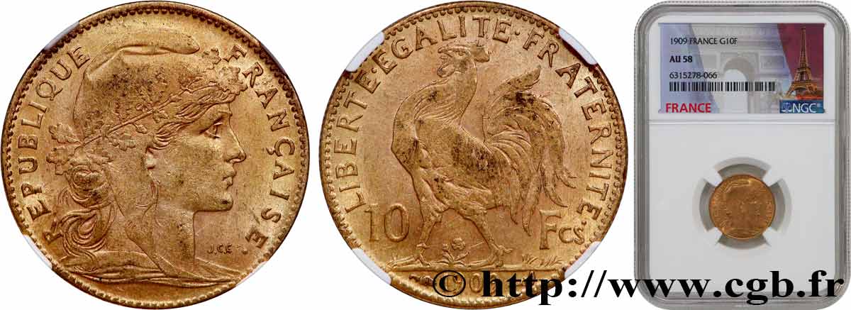 10 francs or Coq 1909 Paris F.509/10 SPL58 NGC