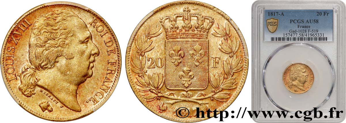 20 francs or Louis XVIII, tête nue 1817 Paris F.519/5 VZ58 PCGS