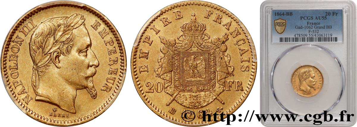 20 francs or Napoléon III, tête laurée 1864 Strasbourg F.532/10 AU55 PCGS