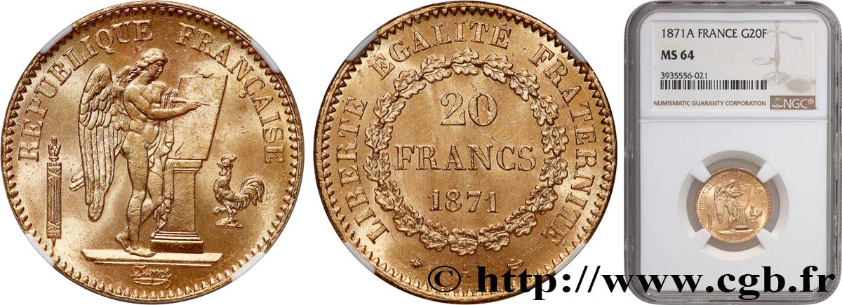 20 francs génie, Troisième république 1871 Paris F.533/1 fST64 NGC
