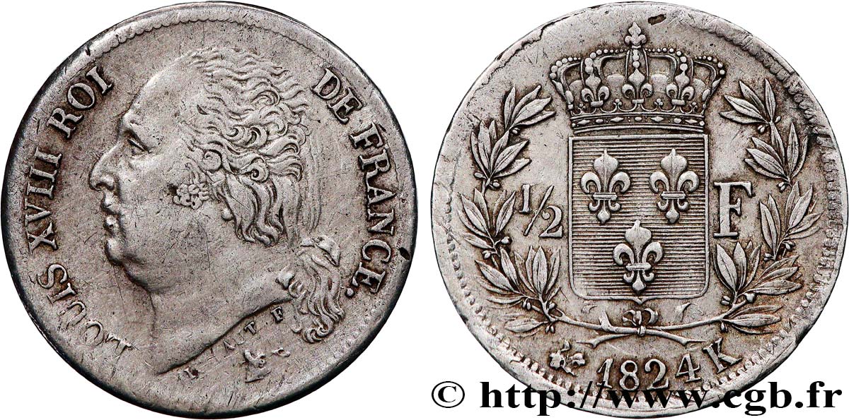 1/2 franc Louis XVIII 1824 Bordeaux F.179/48 MBC 