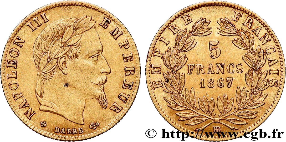 5 francs or Napoléon III, tête laurée 1867 Strasbourg F.502/12 AU 