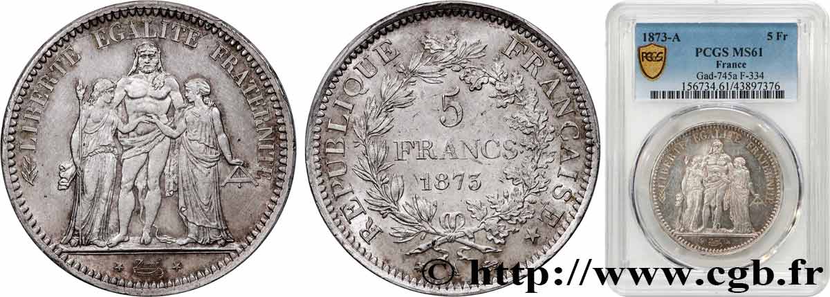 5 francs Hercule, Petites Étoiles 1873 Paris F.334/10 MS61 PCGS