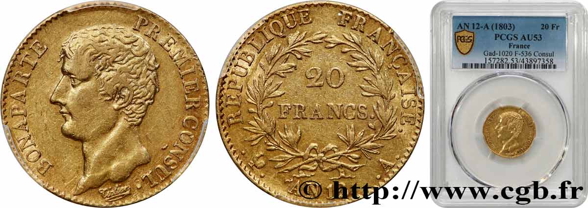 20 francs or Bonaparte Premier Consul 1804 Paris F.510/2 AU53 PCGS