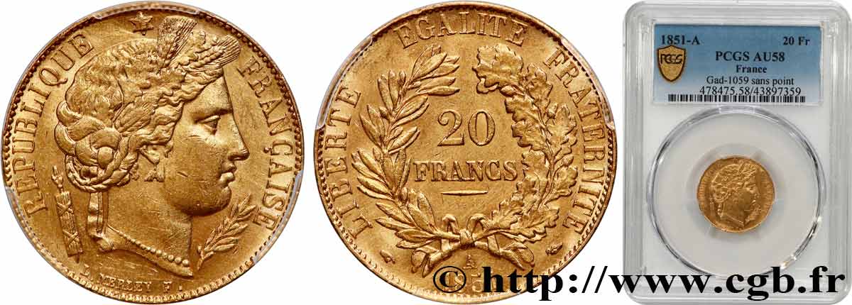 20 francs or Cérès 1851 Paris F.529/5 SUP58 PCGS