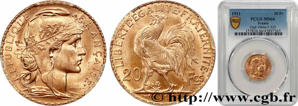 20 francs or Coq, Liberté Égalité Fraternité 1911 Paris F.535/5 MS66 PCGS