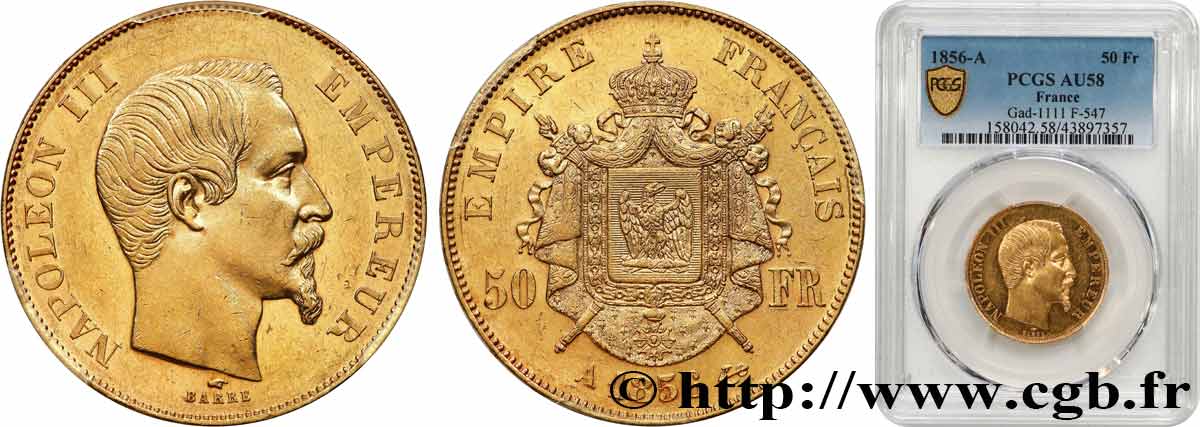 50 francs or Napoléon III, tête nue 1856 Paris F.547/3 AU58 PCGS