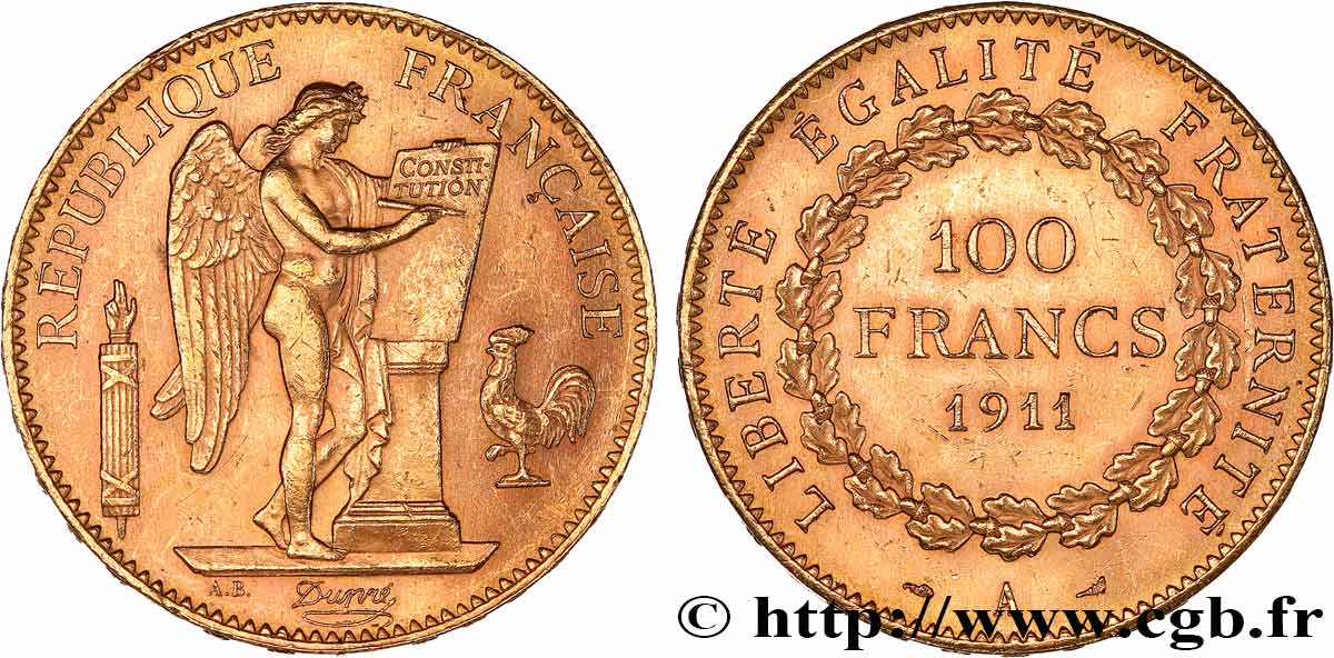 100 francs or Génie, tranche inscrite en relief Liberté Égalité Fraternité 1911 Paris F.553/5 AU 