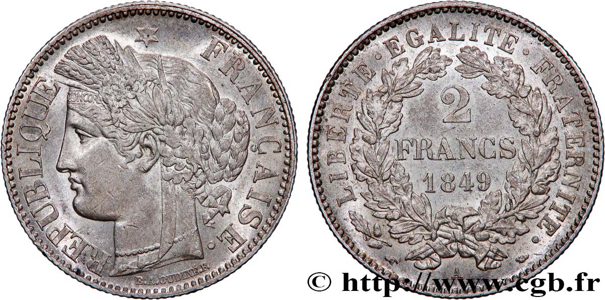 2 francs Cérès, IIe République 1849 Paris F.261/1 SUP55 
