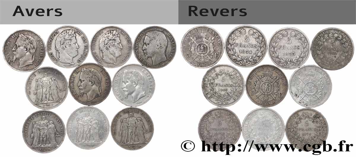 Lot de dix écus de 5 francs n.d.  F.-/ TB 