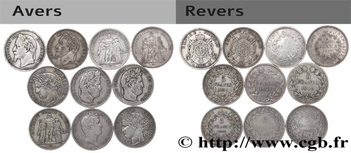 Lot de dix écus de 5 francs n.d.  F.-/ BC 