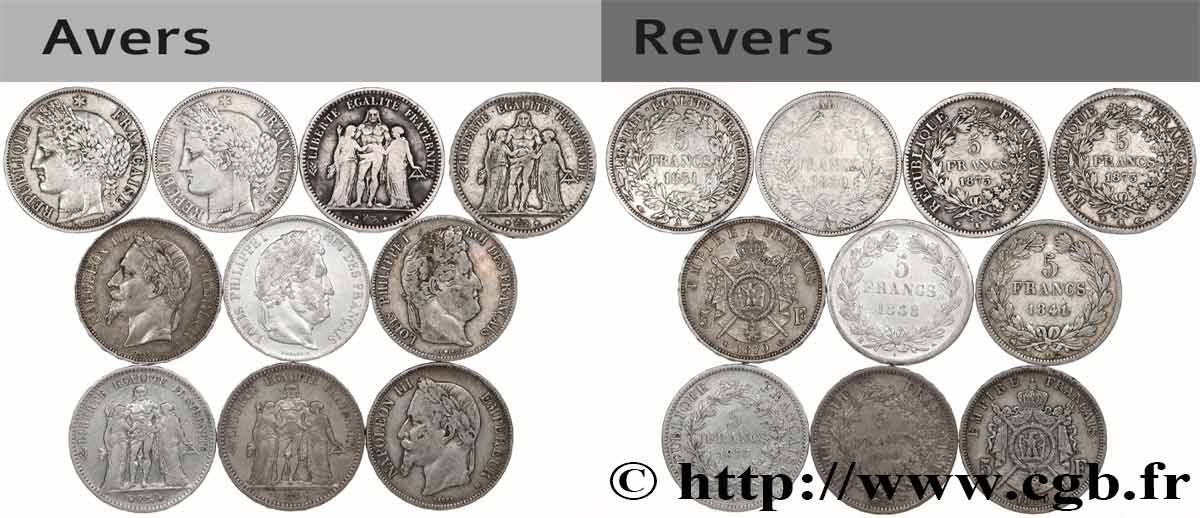 Lot de dix écus de 5 francs n.d.  F.-/ TB 