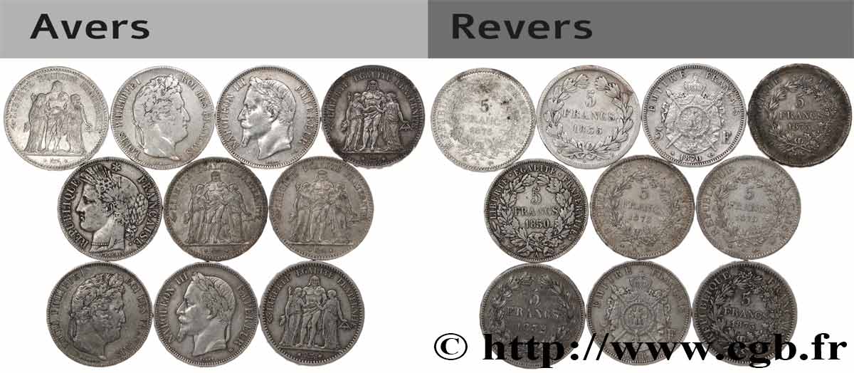 Lot de dix écus de 5 francs n.d.  F.-/ VF 