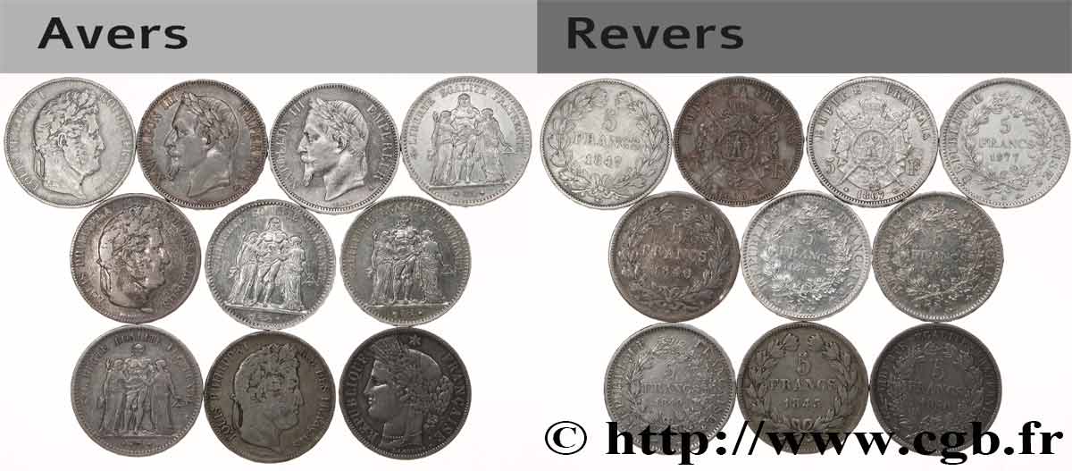 Lot de dix écus de 5 francs n.d.  F.-/ S 