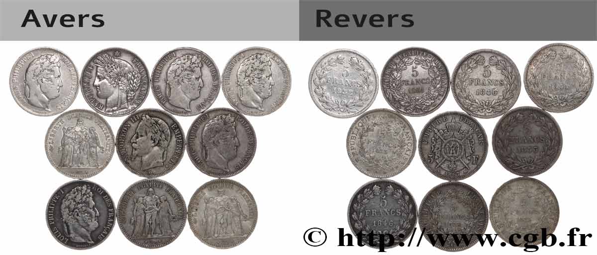 Lot de dix écus de 5 francs n.d.  F.-/ MB 