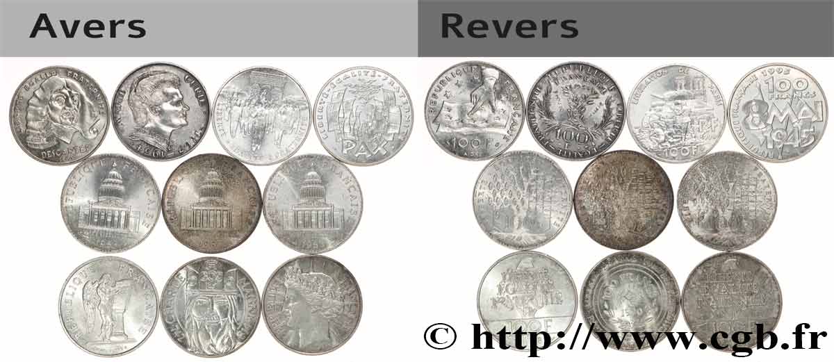 Lot de 10 pièces de 100 francs commémoratives - - F.-/ TTB 