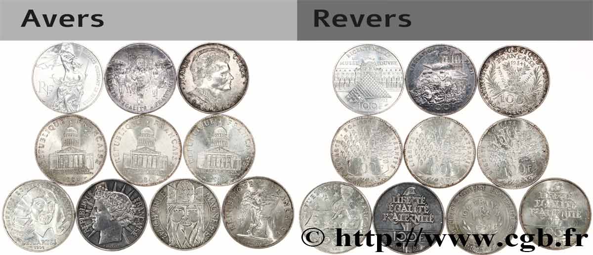 Lot de 10 pièces de 100 francs commémoratives - - F.-/ SS 