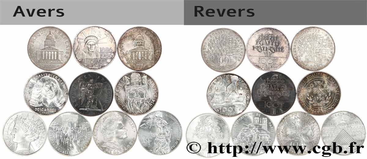 Lot de 10 pièces de 100 francs commémoratives - - F.-/ TTB 