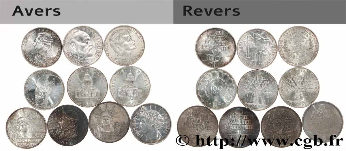 Lot de 10 pièces de 100 francs commémoratives - - F.-/ XF 