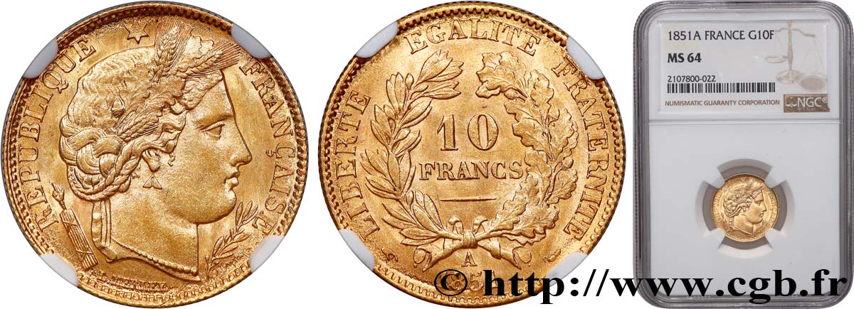 10 francs or Cérès, IIe République 1851 Paris F.504/3 SC64 NGC