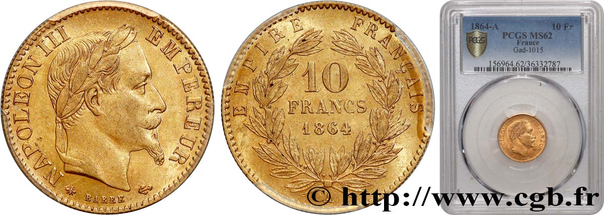 10 francs or Napoléon III, tête laurée 1864 Paris F.507A/6 VZ62 PCGS