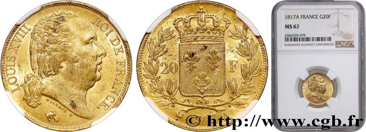 20 francs or Louis XVIII, tête nue 1817 Paris F.519/5 MS62 NGC
