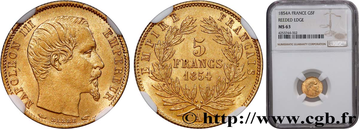 5 francs or Napoléon III, tête nue, petit module, tranche cannelée 1854 Paris F.500A/1 MS63 NGC