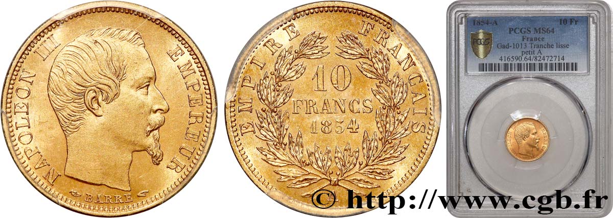 10 francs or Napoléon III, tête nue, petit module, tranche lisse 1854 Paris F.505/1 SC64 PCGS