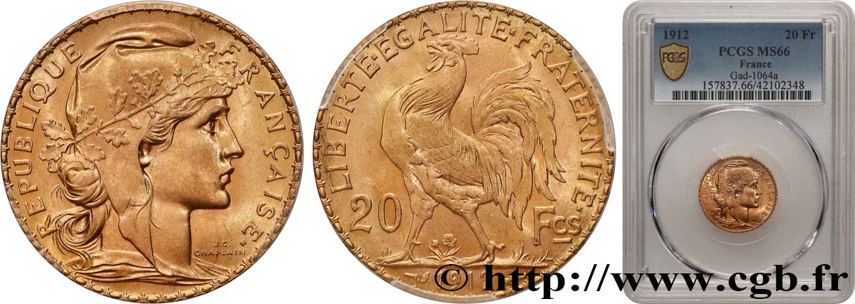 20 francs or Coq, Liberté Égalité Fraternité 1912 Paris F.535/6 MS66 PCGS