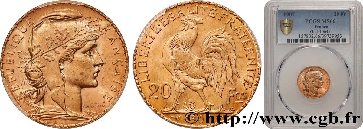 20 francs or Coq, Liberté Égalité Fraternité 1907 Paris F.535/1 MS66 PCGS