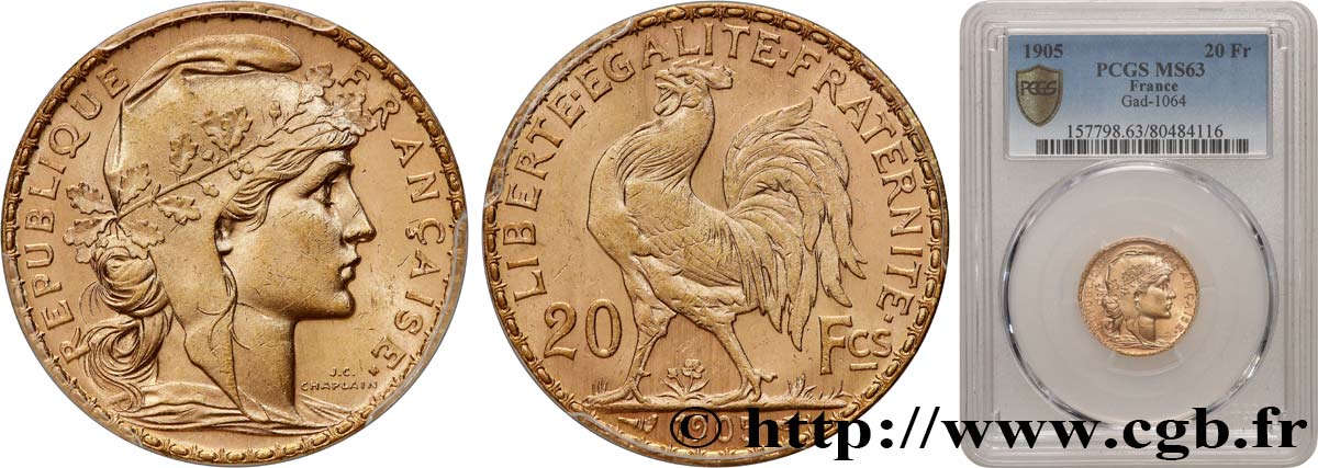 20 francs or Coq, Dieu protège la France 1905 Paris F.534/10 SC63 PCGS