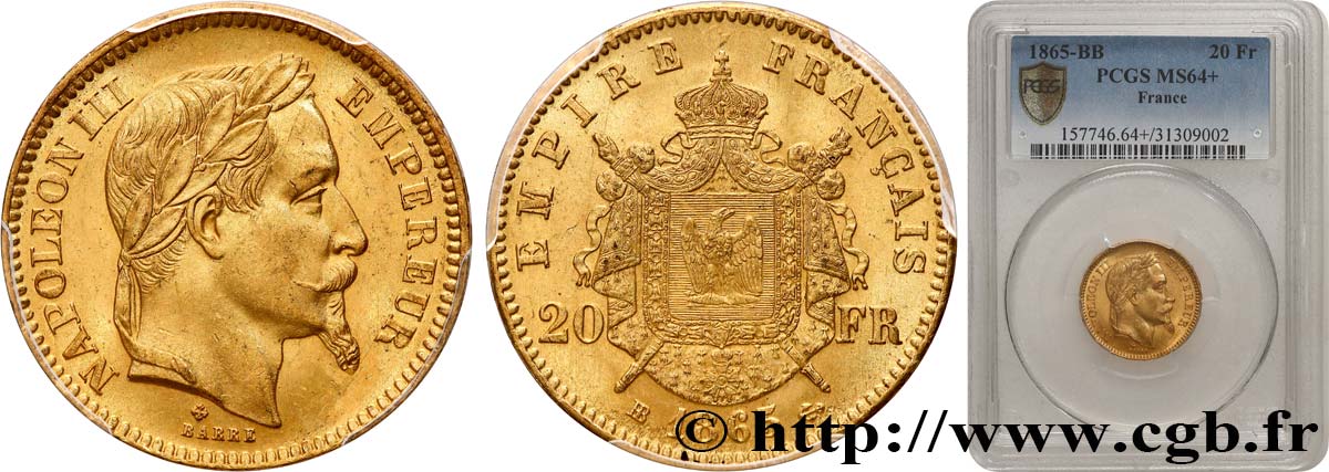 20 francs or Napoléon III, tête laurée 1865 Strasbourg F.532/12 SPL64 PCGS